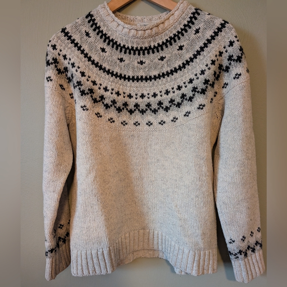L.L. Bean Cream and Black Fair Isle Wool Sweater